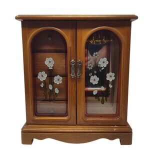 Vintage R.O.C Wooden Jewelry Cabinet With Floral Glass Doors & Shelves